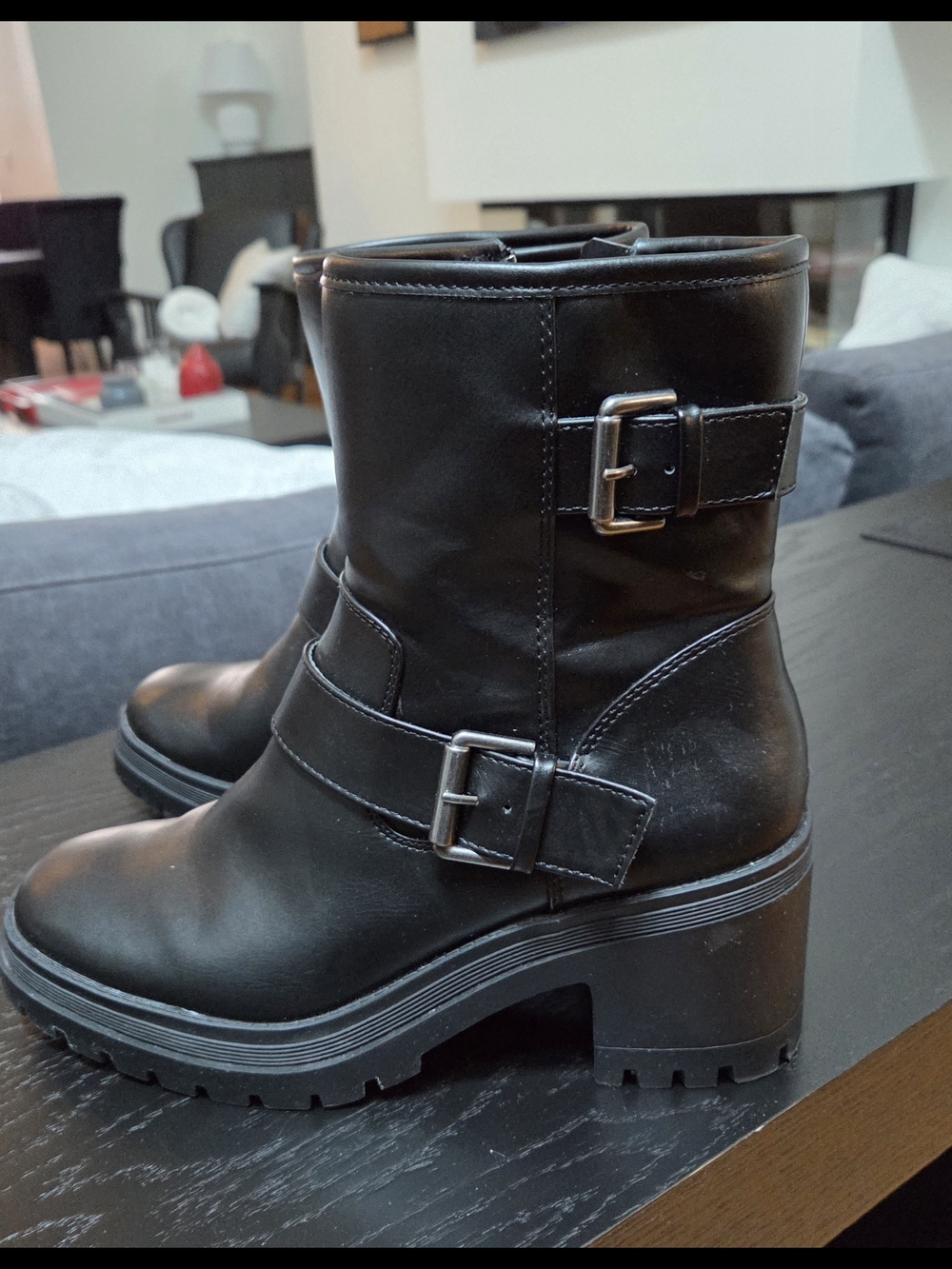 Esprit Black Faux Leather Buckle Chunk Heel Ankle Boots